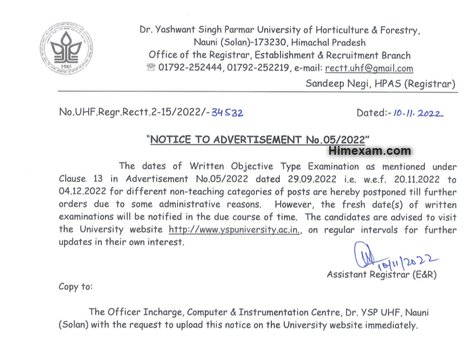 Notice  regarding postponement of dates of Written Objective Type Examination for various Non teachning category posts:-YSP University Nauni