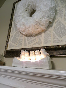 book page art, coffee filter wreath, upcycled book, vintage, refreshed, updated mantel, fireplace mantel