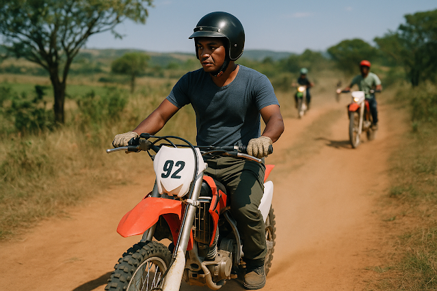 Homme malgache quadragénaire en motocross sur une piste de campagne, accompagné de deux autres motards, dans un paysage verdoyant et poussiéreux.