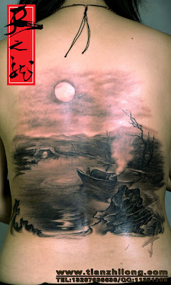 ink and wash tattoo design, back tattoo