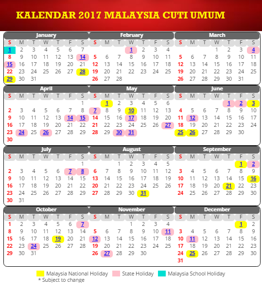 Kalendar 2017 Malaysia Cuti Sekolah Dan Cuti Umum (Public 