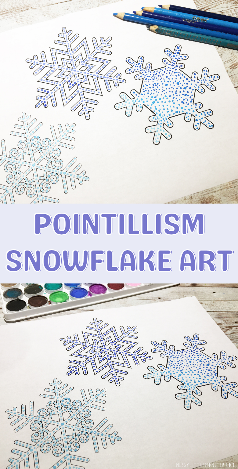 Easy pointillism art for kids. Snowflake art project with snowflake template.