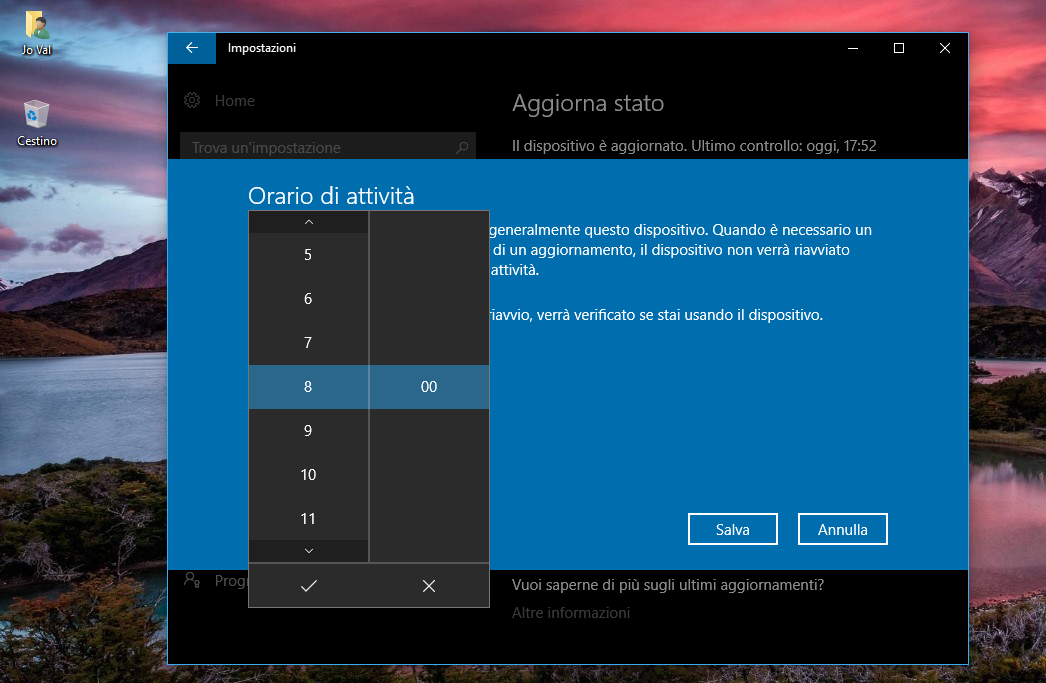 Modifica orario di attività Windows 10