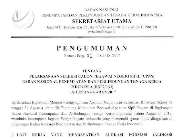 BNP2TKI - Soal dan Pendaftaran CPNS Badan Nasional Penempatan Perlindungan TKI 2017