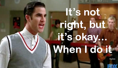 Blaine singing Whitney Houston with text beside him that says "It's not right, but it's ok...when I do it"