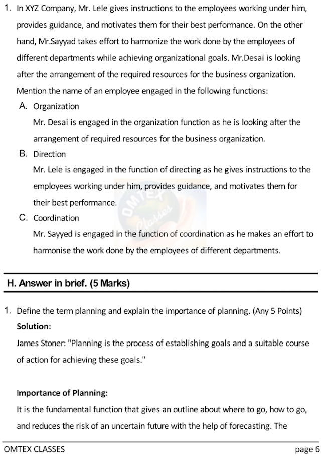 OCM Test No. 2. Class: 12th Standard Maharashtra Chapter 2: Functions of Management