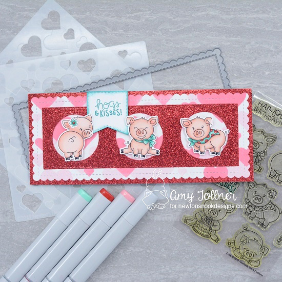 Hogs and kisses by Amy features Oink, Slimline Frames & Windows, Slimline Frames & Portholes, Newton's Valentine, and Bokeh Hearts by Newton's Nook Designs; #inkypaws, #newtonsnook, #cardmaking, #valentinescard