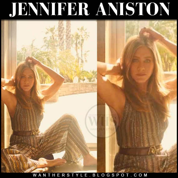 Jennifer Aniston in striped sleeveless jumpsuit and belt