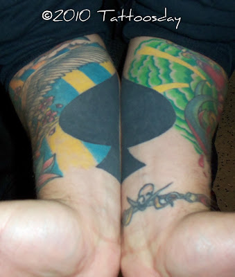 Here's a shot of the coolest Spades tattoo, straddling both of Matt's inner 