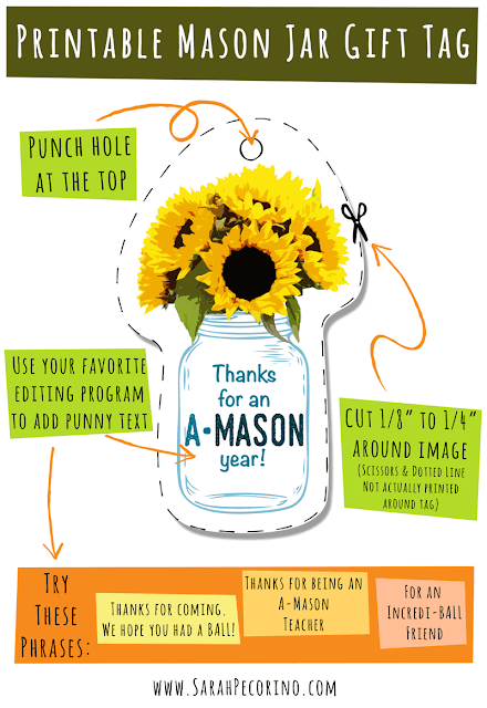 Free printable Sunflower and Mason Jar Gift Tag by Sarah Pecorino