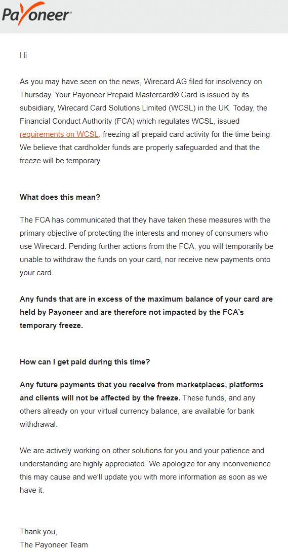 Payoneer Statement on WireCard Scandal
