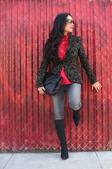 H&M Black and Green animal print blazer Tom Ford Sunglasses Red Ruffle Collar Blouse Grey Paige Skinny Jeans Denim in Silvie  Black stiletto boots Donald J. Pliner vintage black clutch 