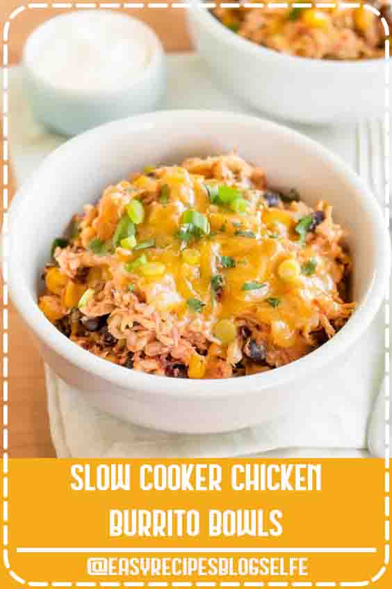 Slow-Cooker Chicken Burrito Bowls Recipe. This EASY crockpot chicken dinner is soon to be one of your favorite meals! I don't know anyone who doesn't like Mexican food, and this simple rice bowl is a party in your crock pot! #EasyRecipesBlogSelfe #EASY #crockpot #mexican  #dinner  #EasyRecipesDinner