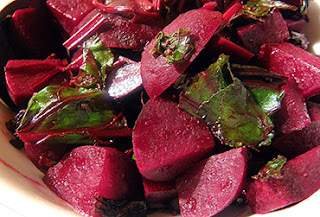 Closeup of Balsamic Beets with Greens