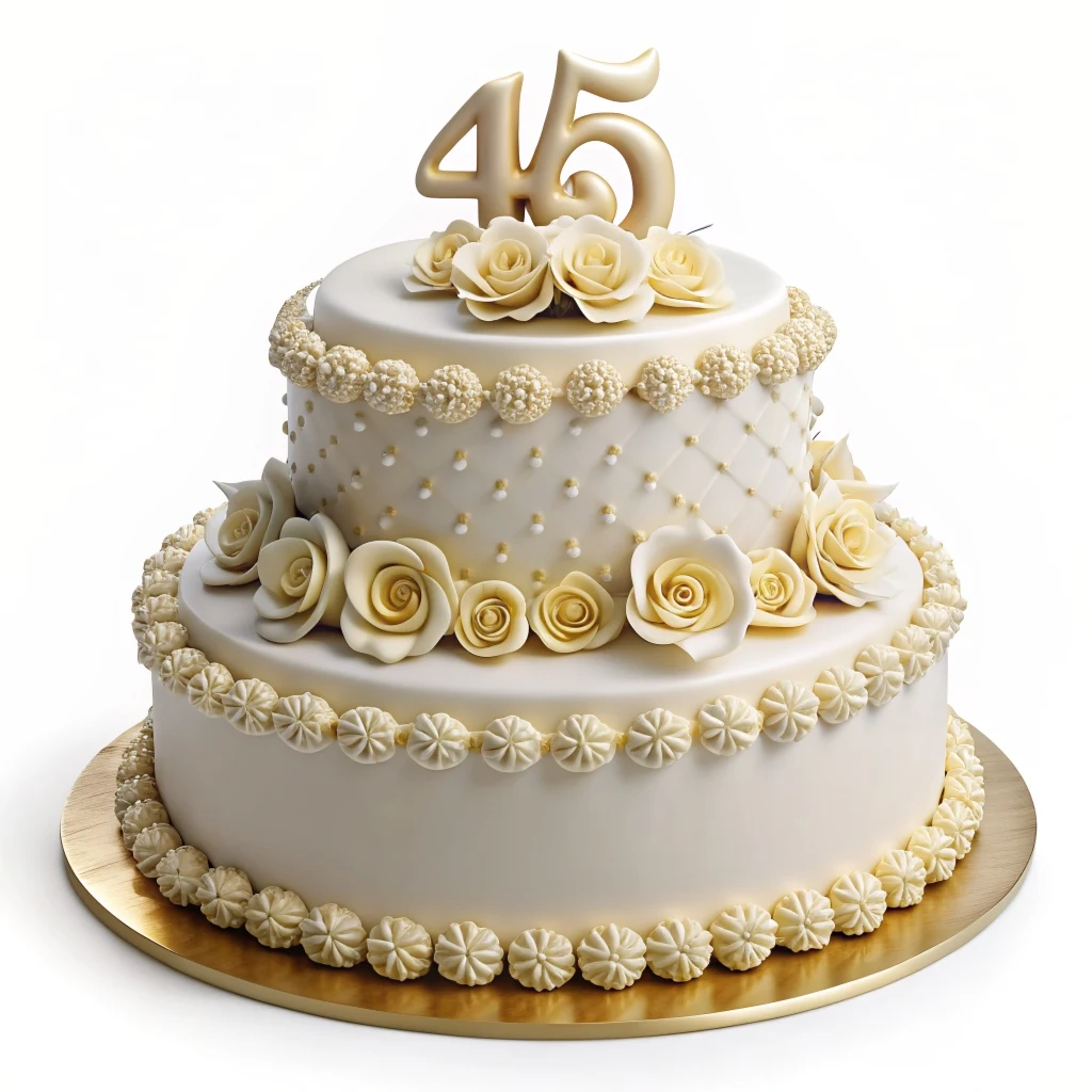  Pastel de aniversario de bodas de 45 años en color blanco decorado con rosas y perlas 