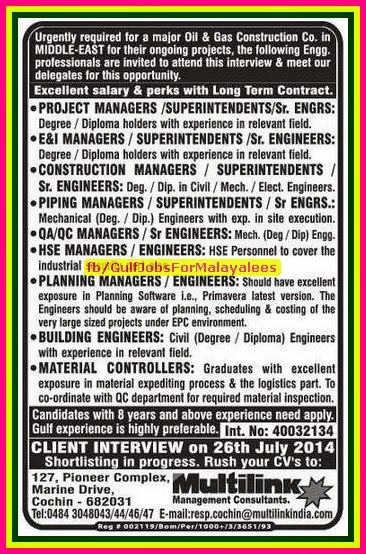 Major Oil & Gas Construction Co. Job Vacancies in Middle East