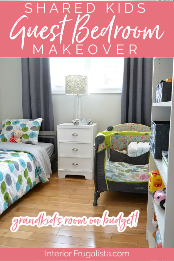 A shared kids guest room makeover on a budget for our grandkids before and after. Grey painted walls, new furniture, and kids decor, plus DIY kids wall art ideas for under $400. #childrensbedroom #kidsguestbedroom #sharedkidsroom