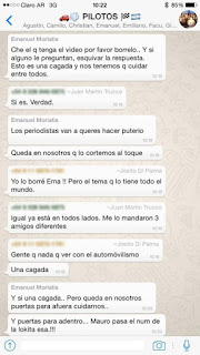 El chat por Whatsap de los pilotos de TC 2000, hablando del video con la promotora.