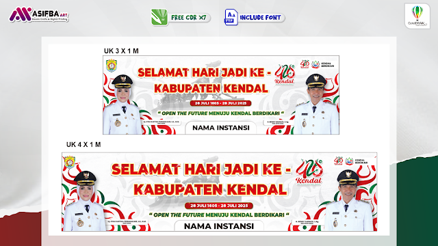 Desain banner CorelDRAW X7 bertema Hari Jadi Kendal ke-420 tahun 2025, lengkap dengan logo resmi dan nuansa elegan siap cetak MMT./Asifba Art