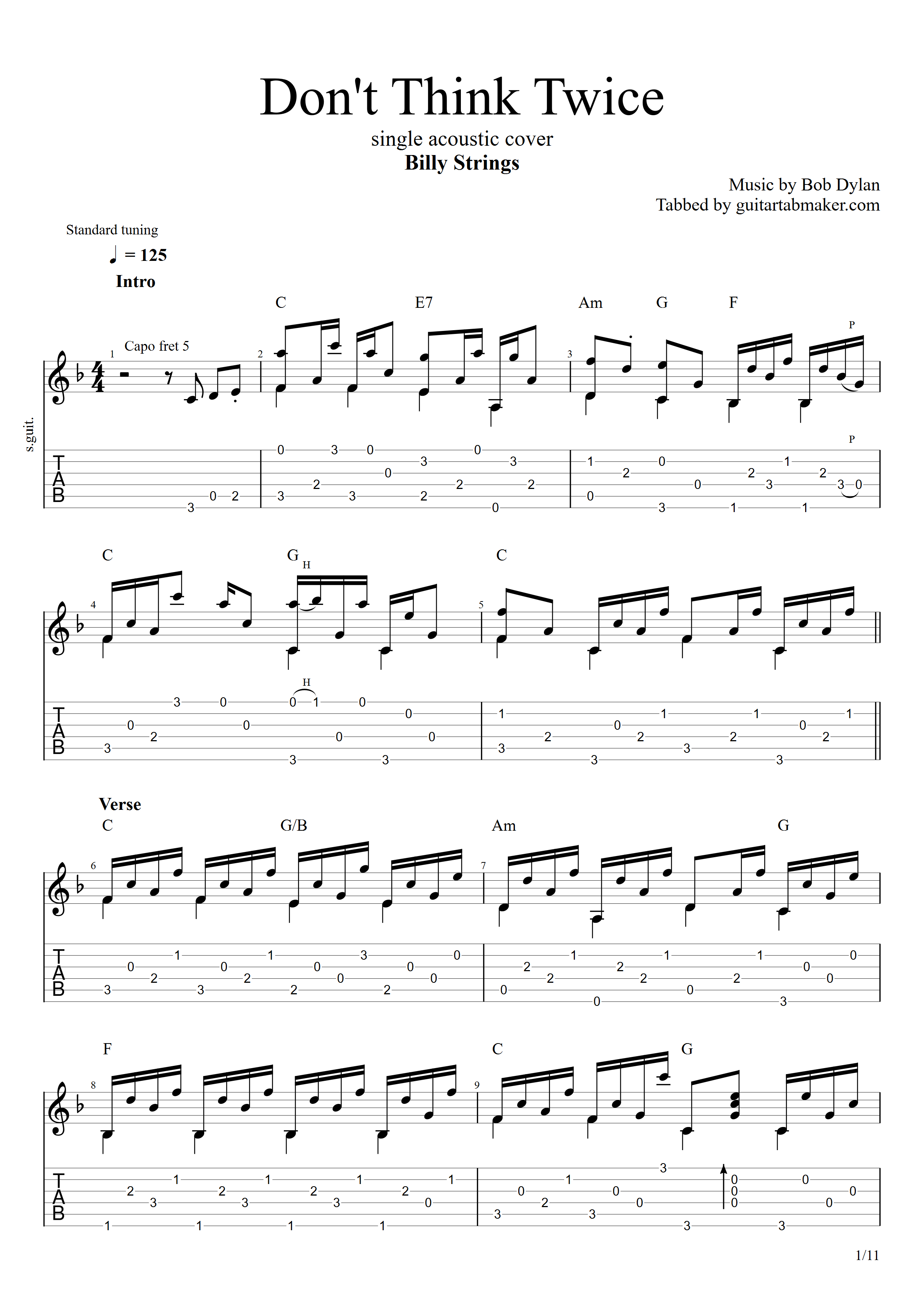 DON'T THINK TWICE Sheet music for Guitar (Solo)