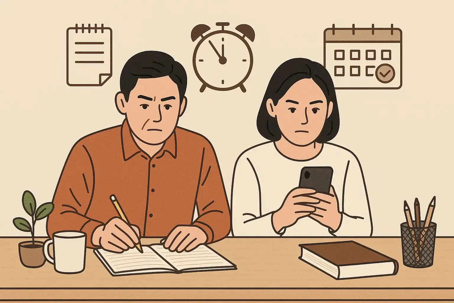 메모장과 스마트폰 알람, 규칙적인 일정 그래픽, 책상 위 정리된 물건들, 집중하는 표정의 중년 남녀
