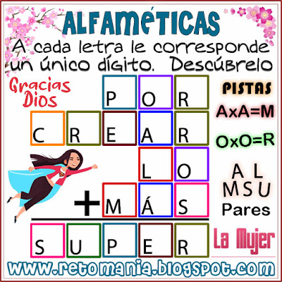 Alfaméticas, Criptoaritmética, Juego de palabras, Descubre el número, Criptosumas, Criptogramas, Día de la mujer, mujer, mujer y matemáticas, Desafíos matemáticos, Retos matemáticos, Problemas matemáticos