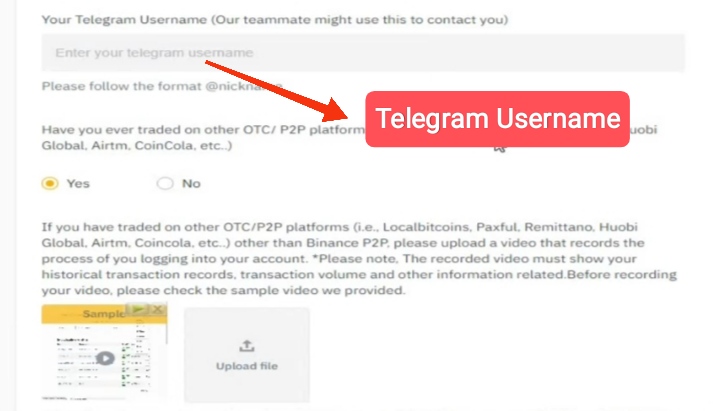 In the next window, you have to give your Telegram username to Binance. So that the Binance team can contact you on Telegram in case of any problems.