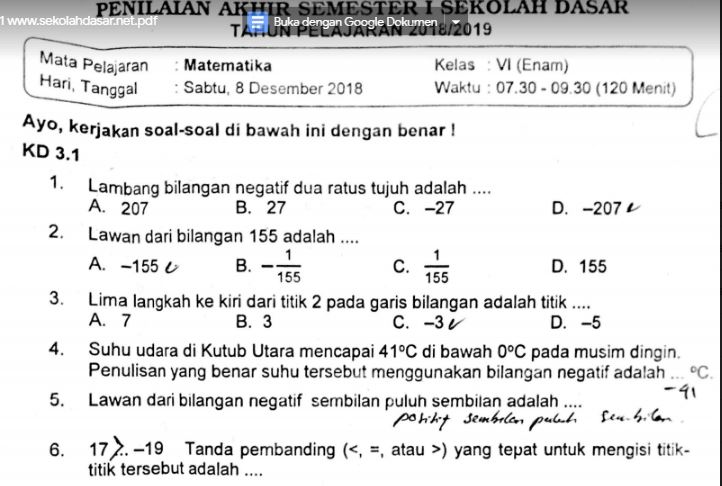 Soal Ulangan Matematika Kelas 6 Semester 1 K 13