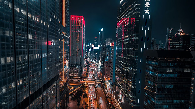 City Night, Road, Buildings, Architecture