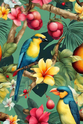 Yellow and Blue Birds in Fruit Tree