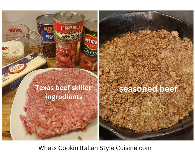 two photo of the ingredients for a Texas Beef Skillet recipe