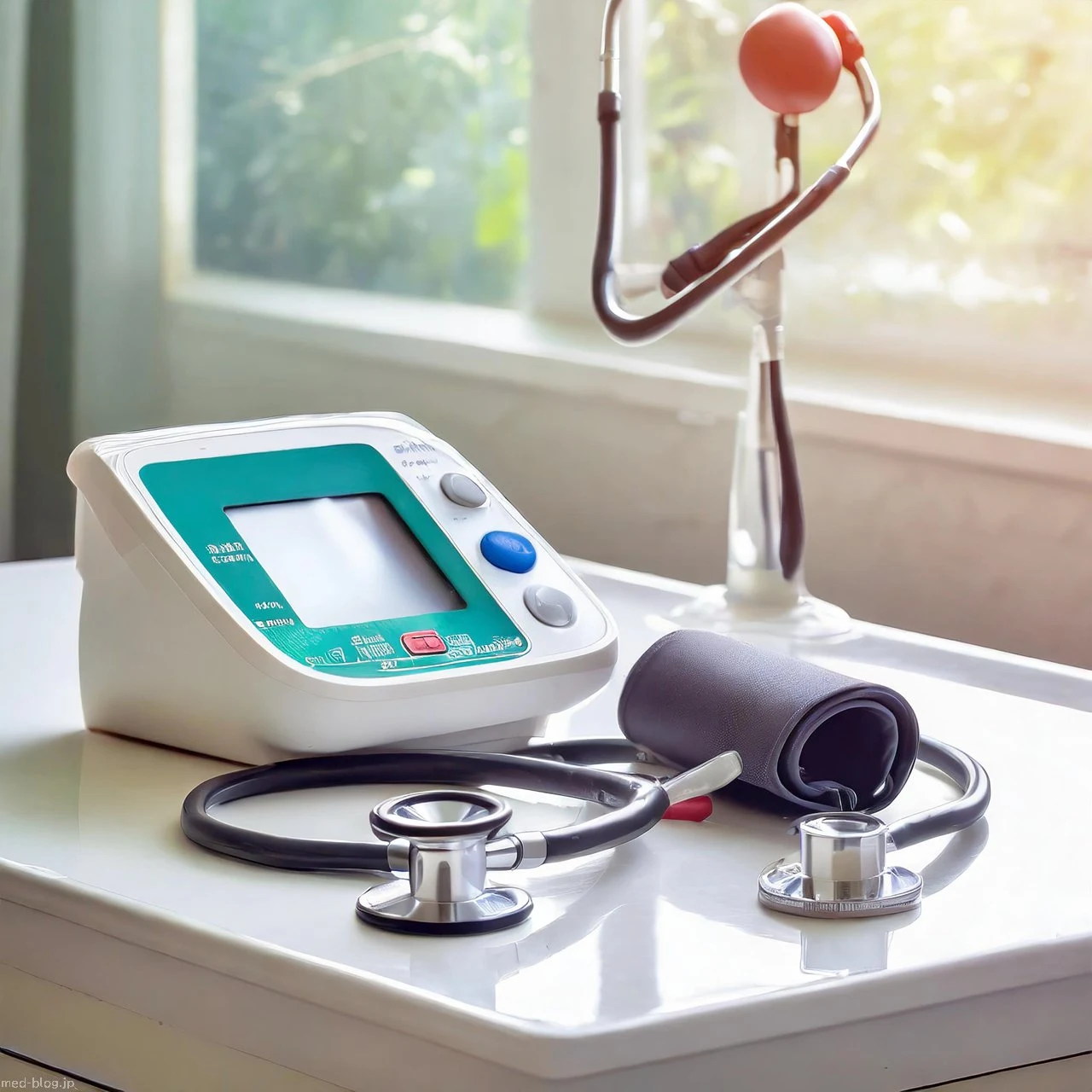 窓から光の入る明るい小さな診療所の診察室の白い机の上に、電子自動血圧計と聴診器が置いてある写真.jpg (1280×1280)