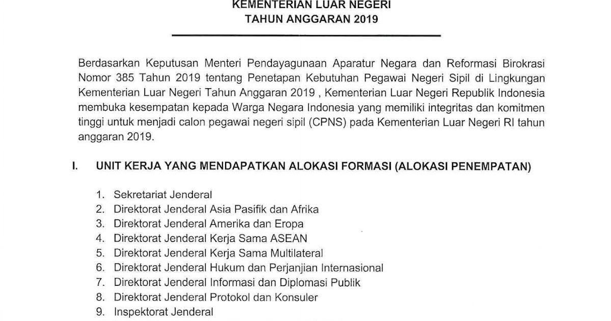 Lowongan Kerja Rekrutmen CPNS Kementerian Luar Negeri  Anggaran  [132 Formasi]  April 2024