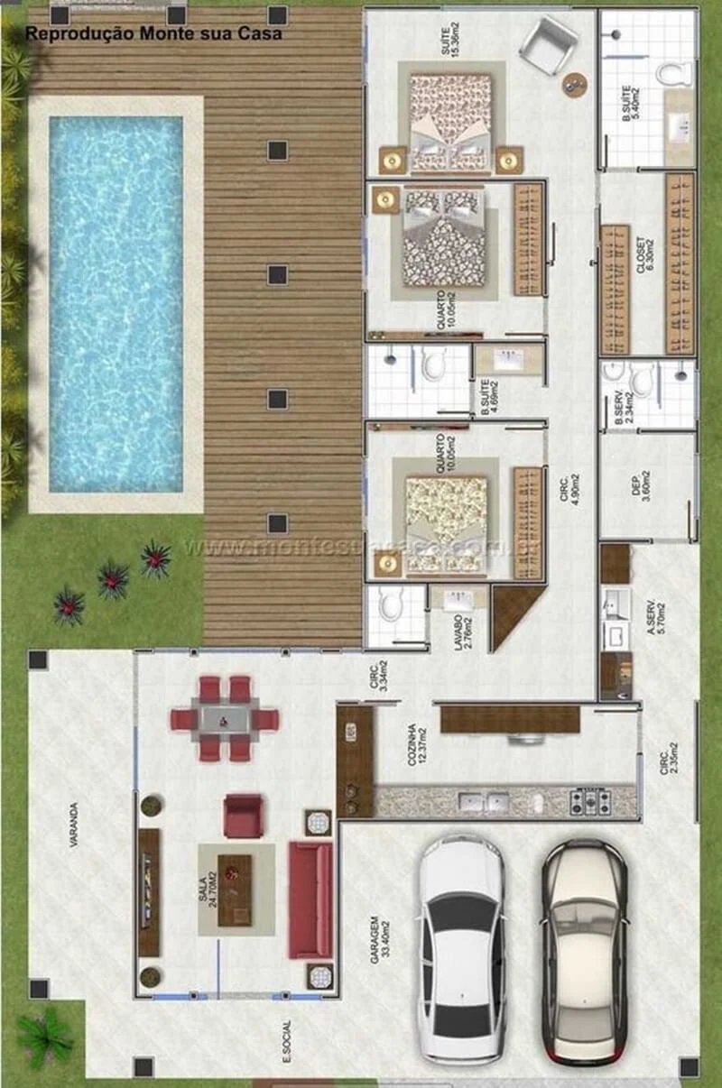 Plantas de Casas com 3 Quartos - Projeto de Construção