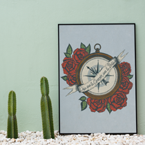 wall art, poster, cactus, cacti, green, flowers, tattoo art, red roses, compass, travel, adventure, passion, vintage illustration