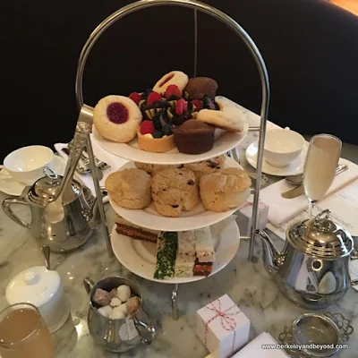 tiered tea tray for afternoon tea at Gracie's restaurant in Hotel deLuxe in Portland, Oregon