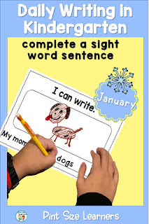 Kindergarten Writing Activities | Writing Prompts | Journals | January Writing activities designed for Kindergarten or early writers. These writing prompts will have your kinder students writing every day with activities designed just for kindergarten! Make a monthly writing journal to watch your students' progress.  January, month 5, has prompts for simple sentences using some sight words. The objective is for the students to choose words that make sense and write them to complete the sentence.