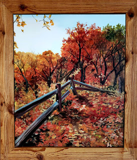 An acrylic painting of a split rail fence surrounded by fall trees, painted by Laura Enninga and framed in wood.