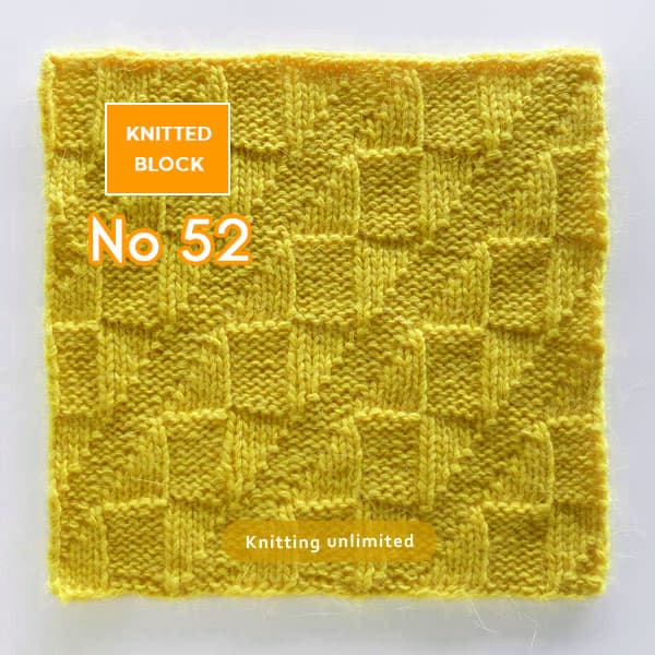 Knitted block no 52. The Mirrored Triangles pattern is a stunning design that utilizes the Knit and Purl stitches. Although not reversible, both sides of the fabric are equally beautiful.