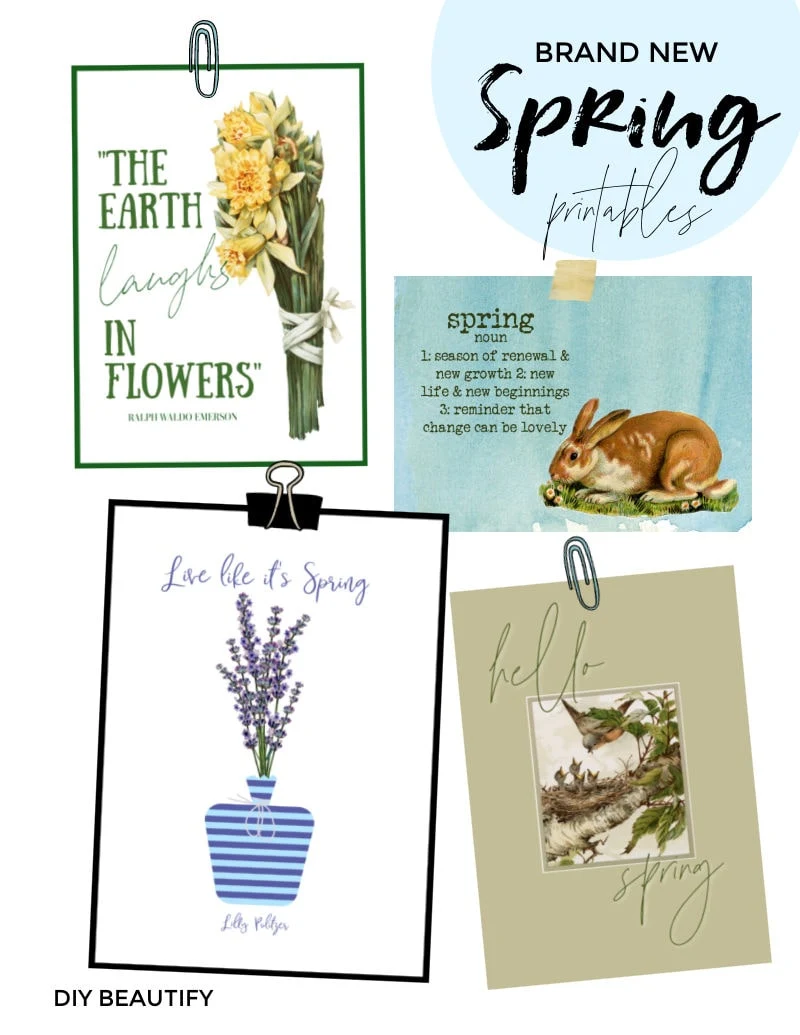 Spring printables with daffodils, lavender, bunny and baby birds