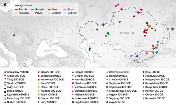 Mappa che mostra le posizioni dei 39 siti archeologici dove sono stati recuperati i 117 individui nella ricerca pubblicata su ScienceAdvances e i cui dati genomici sono stati analizzati e hanno portato alla conclusione che gli Sciti devono aver avuto relazioni amichevoli con le culture che hanno incontrato.