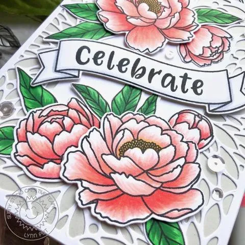 Sunny Studio Stamps: Pink Peonies Banner Basics Blooming Frame Dies Frilly Frame Dies Phoebe Alphabet Dies Everyday Card by Lynn Put