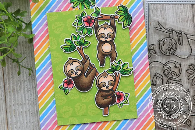 Sunny Studio Stamps: Silly Sloths Sliding Window Dies Staggered Circle Dies Punny Cards by Juliana Michaels and Angelica Conrad