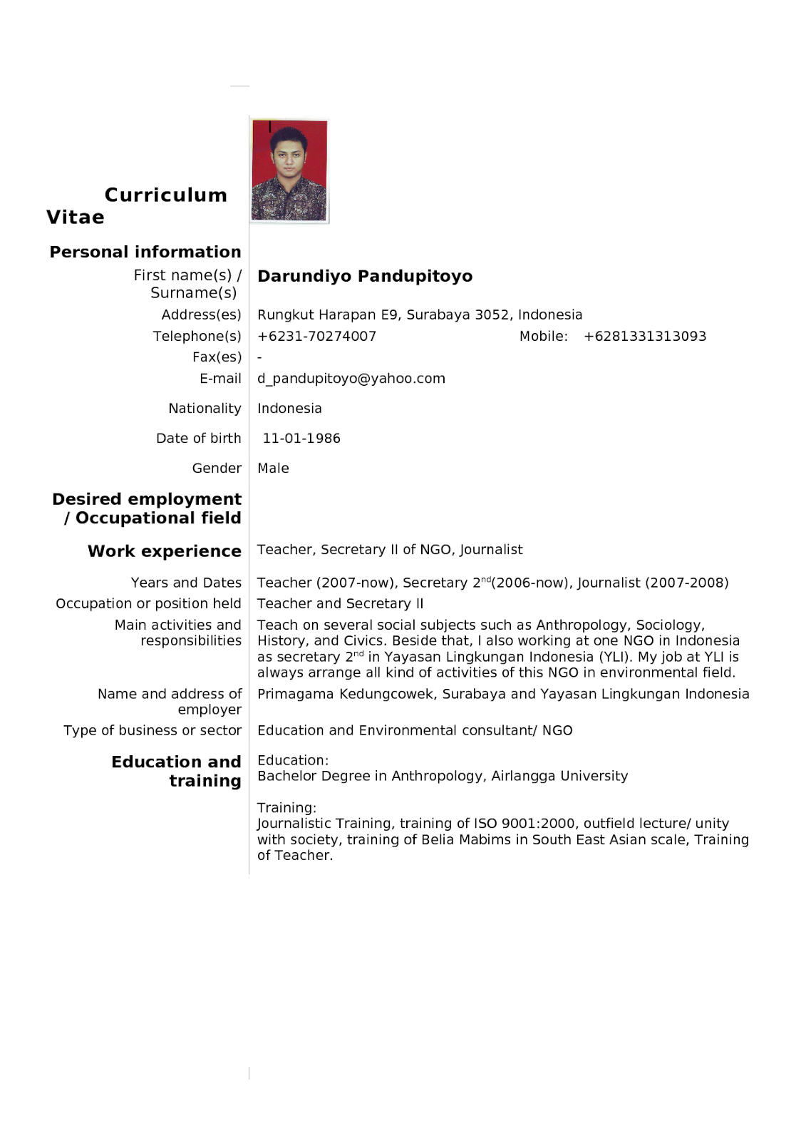 15 Contoh Curriculum Vitae - ben jobs