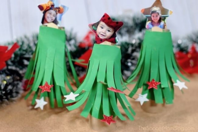 flared toilet paper roll Christmas tree craft.