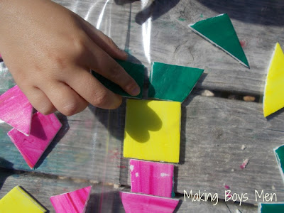 Making patterns with styrofoam art and enjoying the outdoors from Making Boys Men