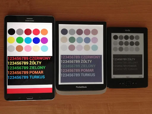 Tablet Samsung, PocketBook InkPad Color i Kindle 5 – porównanie wyświetlania kolorów