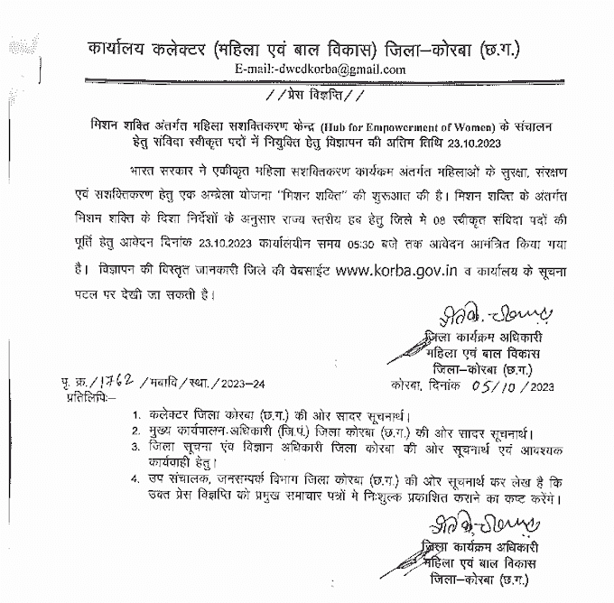 COLLECTOR OFFICE KORBA BHARTI 2023 | कलेक्टर ऑफिस कोरबा में तृतीय एवं चतुर्थ श्रेणी रिक्त पदों पर भर्ती