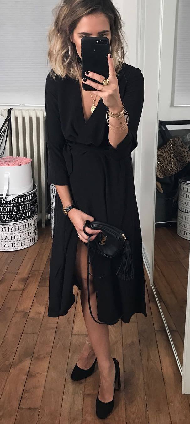 elegant black outfit / dress + bag + heels