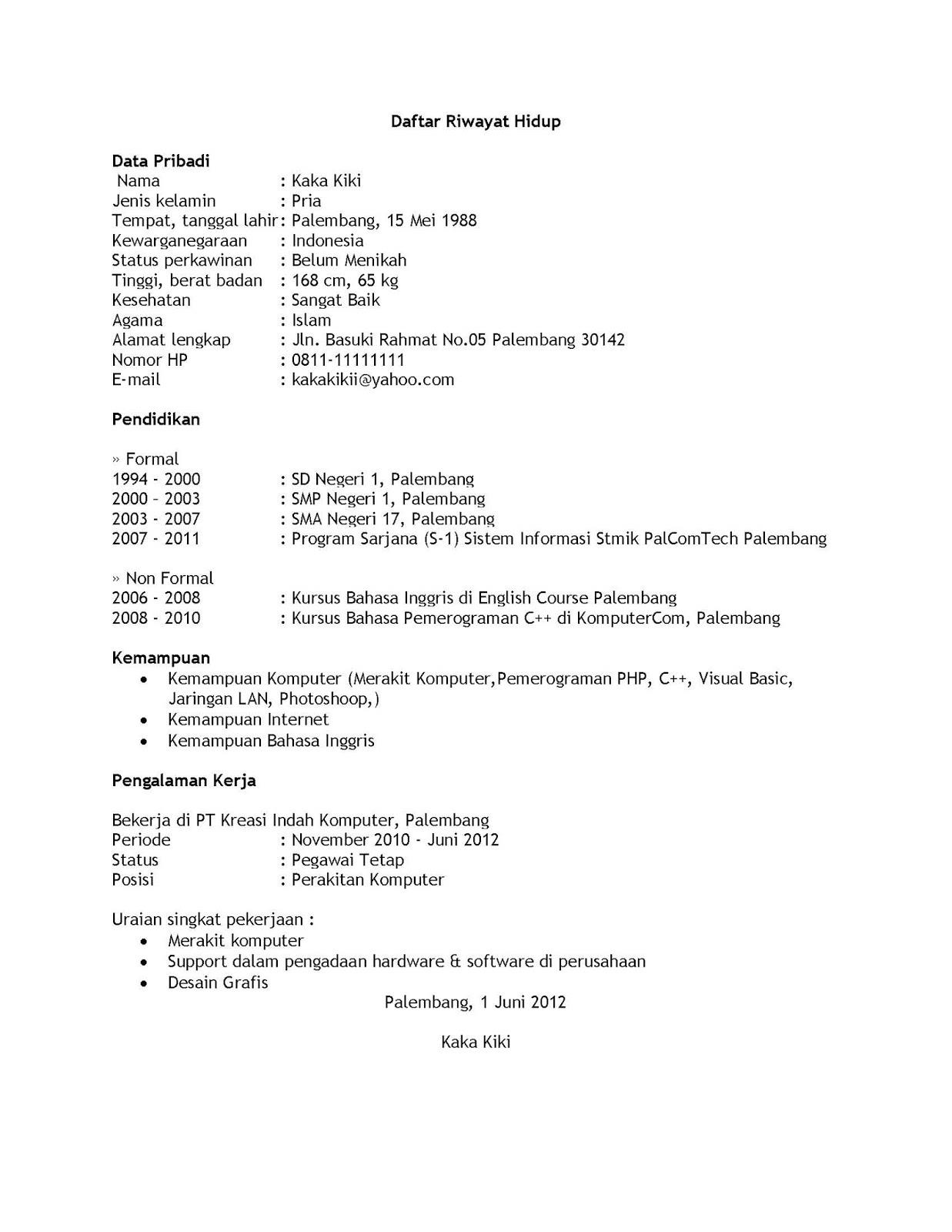 Contoh Daftar Riwayat Hidup CV (Curriculum Vitae)